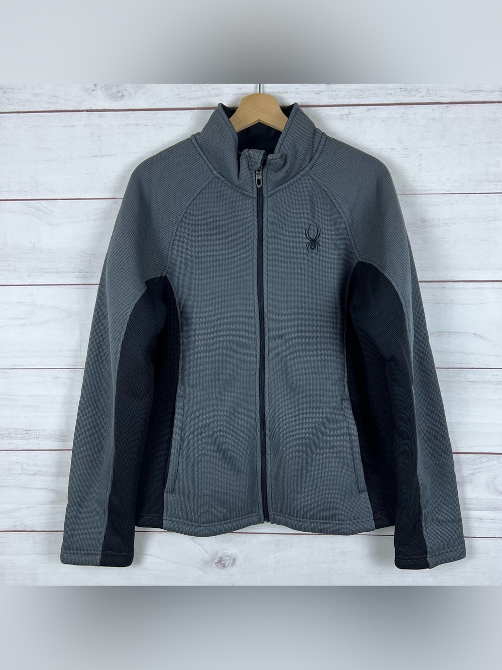 Spyder Foremost Full Zip Fleece Jacket Gray Black Ribbed Knit Mens Size Medium